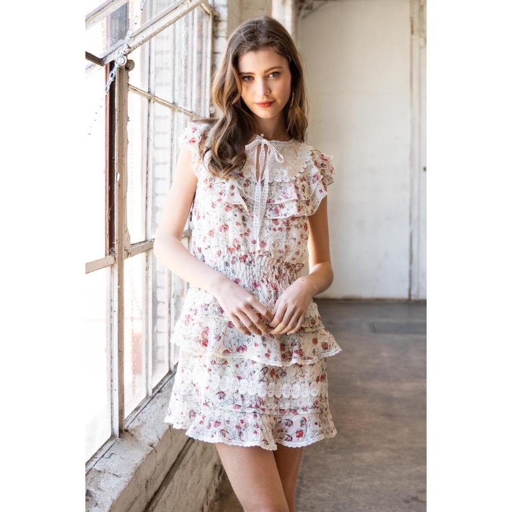 POL Cream & Pink Floral Ruffle Tiered Mini Dress with Bow - Picture 6 of 9